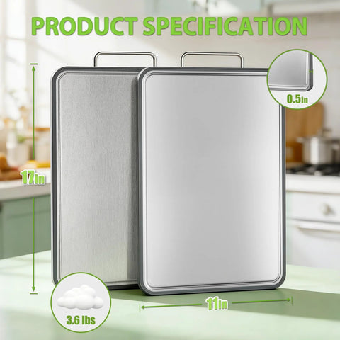 ANYZONE stainless steel cutting board, 17x11 inches, double-sided heavy-duty with juice grooves, dishwasher safe