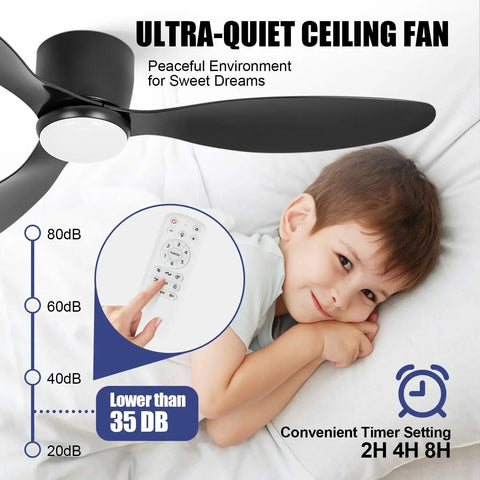 52 Inch Black Flush Mount Ceiling Fan With Remote And Light Kit, low profile, 3 blades, quiet operation for peaceful sleep