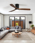 52 Inch Ceiling Fan With Lights 3 Solid Wood Fan Blade in modern living room with grey sofa and glass windows