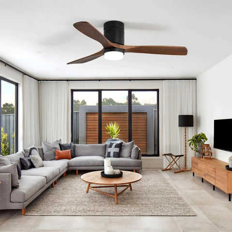 52 Inch Ceiling Fan With Lights 3 Solid Wood Fan Blade in modern living room with grey sofa and glass windows