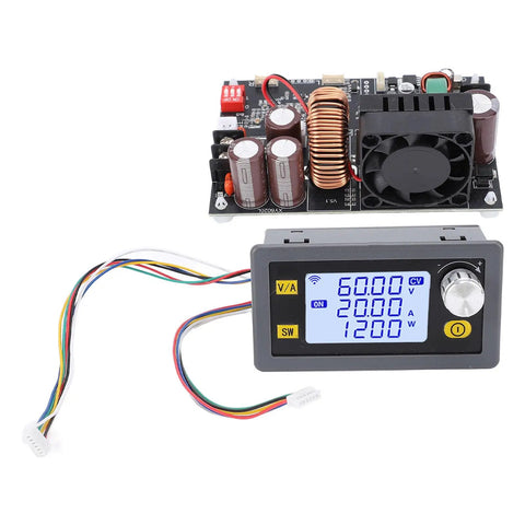 Adjustable DC Power Supply 0 to 60V 0 to 20A with LCD display for lab testing, showing circuit board and control panel.