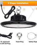 UFO LED High Bay Light 100W 15000lm 5000K shop warehouse factory lighting with install steps, cable, hook, and safety rope