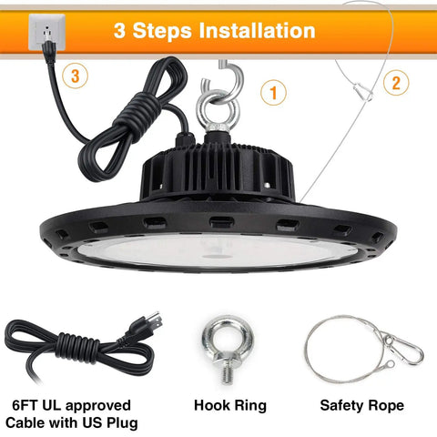 UFO LED High Bay Light 100W 15000lm 5000K shop warehouse factory lighting with install steps, cable, hook, and safety rope
