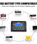 Beefy 150W 10A RC Battery Charger And Discharger With Balance displaying battery compatibility chart for RC cars and drones