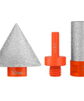 AOKLIT 3-piece diamond beveling chamfer bit set; includes 50mm cone diamond bit and orange 5/8-11 threaded adapter