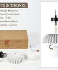 Karjera Black Pendant Lights Kitchen Island, Ribbed Concrete Hanging Light product box contents including fixture kit and shades.