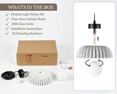 Karjera Black Pendant Lights Kitchen Island, Ribbed Concrete Hanging Light product box contents including fixture kit and shades.