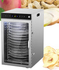Top Shelf Rotary Electric Food Dehydrator Featuring Slick Digital Display And Hassle Free 24 Hour Timer With Roomy Stainless Steel Trays, with dried apple slices.