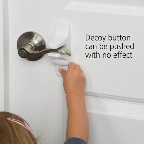 Child trying to open door with Outsmart Lever Handle Lock 2 Pack White Easy Install Kidproof Door Safety for Lever Handles, Fits Most Levers, Keeps Curious Toddlers Safe, One Size Each.