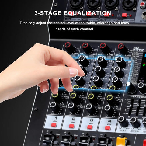 Hand adjusting equalization knobs on Four Channel Audio Interface Mixer With 256 DSP Bluetooth Connectivity 48V Phantom Power