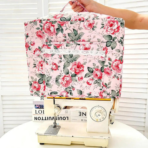 Floral Quilted Sewing Machine Cover With Storage Pockets And Quilted Floral Dust Cover Foldable Fabric Storage Basket Home Sewing Organizer Bag For Travel And Workshop Cute Sewing Table Storage Pouch on machine