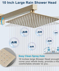 Brushed Gold Boss Luxury Shower Faucet Set With Rainfall System 10-Inch Shower Head Wall-Mounted Brass Trim Kit All Brass Construction Includes Valve Easy-Clean No-Clog Design showing water spray
