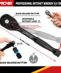 Close-up of 32-Piece Workhorse 1/4 Inch Drive Swivel Socket Set with ratchet handle and quick release button.