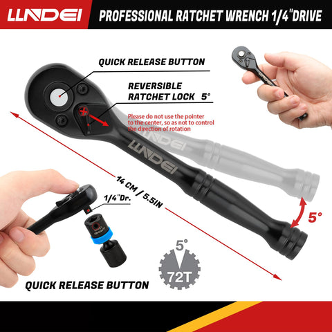 Close-up of 32-Piece Workhorse 1/4 Inch Drive Swivel Socket Set with ratchet handle and quick release button.
