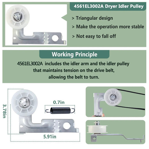 Upgraded Dryer Repair Kit For LG And Kenmore Dryers With 4561EL3002A Idler Pulley and spring, showing triangular design and dimensions