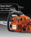 Close-up view of Gas Chainsaw 18 Inch 50cc 3-HP 2-Cycle X-Torq Engine with Smart Start feature and automatic oiler.