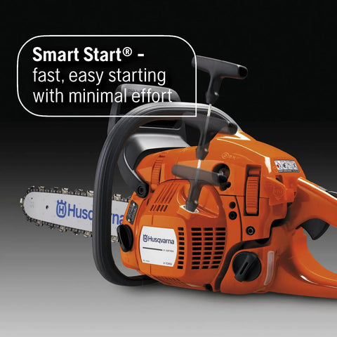 Close-up view of Gas Chainsaw 18 Inch 50cc 3-HP 2-Cycle X-Torq Engine with Smart Start feature and automatic oiler.