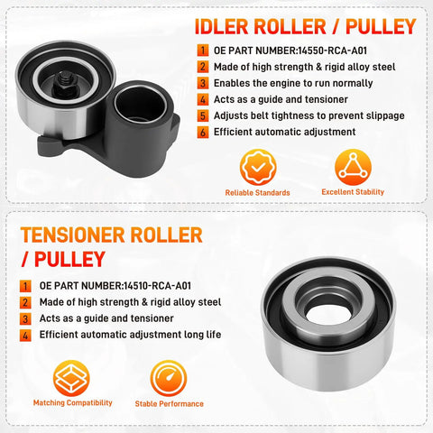 Engine Timing Belt Kit With Water Pump For Honda Accord shows idler and tensioner rollers made of alloy steel with parts numbers