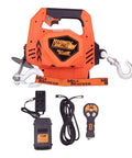 Workhorse Portable Electric Winch with 39 Feet Synthetic Rope Lifts Up To 1000 Pounds, remote controls, and charger visible