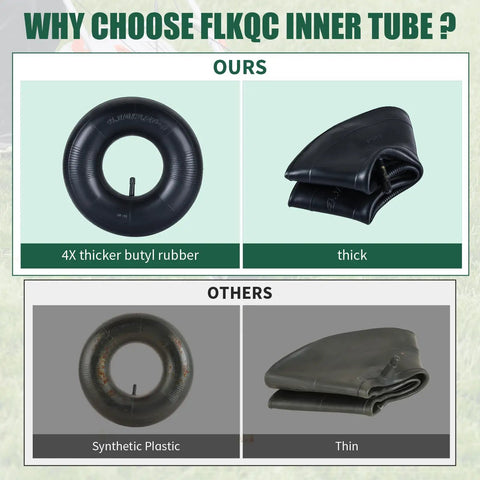 Comparison of FLKQC Two Pack Heavy Duty 4.10/3.50-4 Inner Tubes With TR-13 Valve for 4 Inch Rims and regular inner tubes.