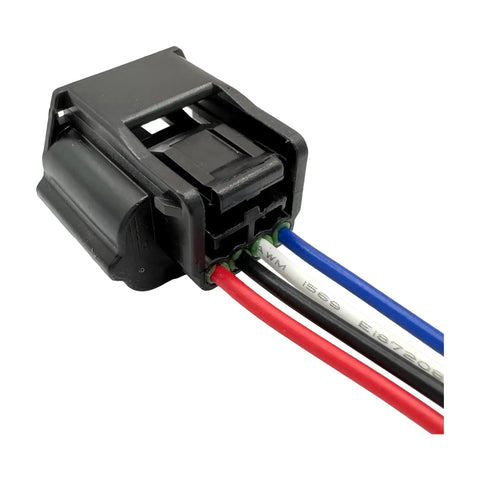 Close-up of Nissan Active Grille Shutter Actuator Connector Pigtail 4 Pin Repair Harness with colored wiring for Altima, Rogue, Murano 2014-2024