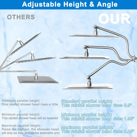 Comparison of adjustable extension arm heights for 3 Way Diverter Shower Head Kit, highlighting differences in parallel height