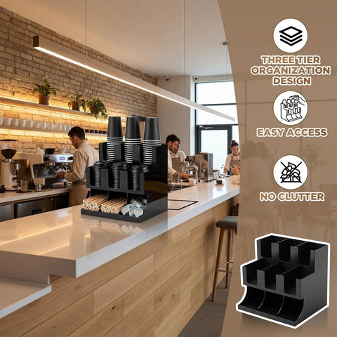 Cup And Condiment Station Organizer For Coffee Bar, Acrylic Dispenser With Nine Compartments, Black on a bustling café counter