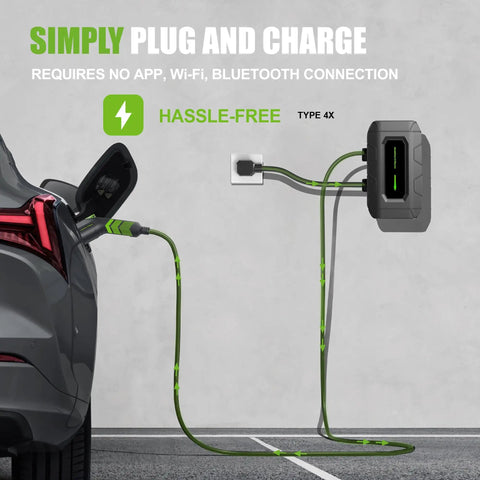 Hardwired Level 2 EV Charger 32 Amp 240 Volt Wallbox With 18 Ft Cord J1772 Connector, plugged into a car for hassle-free charging.