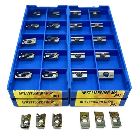 Top Rated Indexable Carbide Lathe Tool Apkt1135 G2 H01 for Aluminum Steel Turning and Milling Operations in a blue holder.
