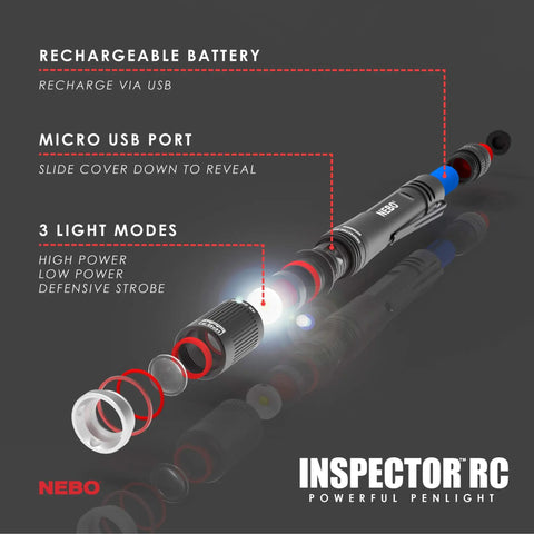 EDC Pen Light Flashlight 360 Lumens, Rechargeable USB or AAA Powered, Waterproof, with 3 Light Modes and USB port visible