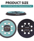 5 Inch Random Orbital Sander Replacement Pad dimensions showing thickness and hole patterns for easy sandpaper mounting.