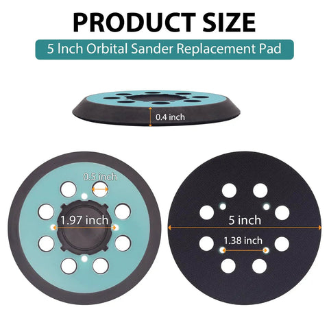 5 Inch Random Orbital Sander Replacement Pad dimensions showing thickness and hole patterns for easy sandpaper mounting.