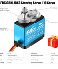 FEETECH FT6335M 35KG servo; blue aluminum housing with exposed metal gears and compact gearbox.