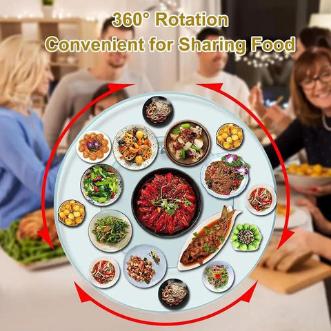 Top Shelf Tempered Glass Lazy Susan Turntable Featuring A Smooth As Butter 360 Degree Swivel Rotation for family dining and sharing dishes.
