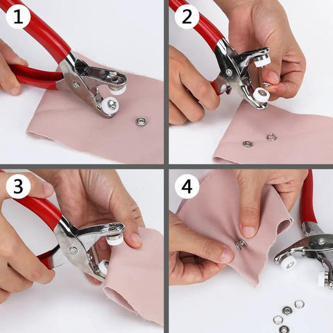 Easy Press Snap Fastener Pliers Kit With 108 Snaps 3/16 Inch for Shirts Jeans Jackets Bags and Crafts, showing installation steps.