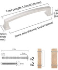 Dimensions and components of the 10 Pack 5 Inch Brushed Satin Nickel Cabinet Handles with included screws.