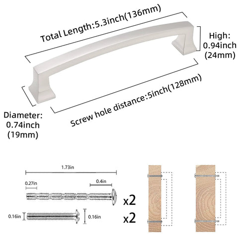 Dimensions and components of the 10 Pack 5 Inch Brushed Satin Nickel Cabinet Handles with included screws.