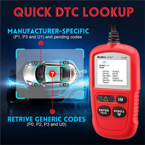 AL329 OBDII Code Reader Scanner For Cars Upgraded One Click I M Emissions Readiness Reads Generic P0 P2 P3 U0 And Manufacturer Codes