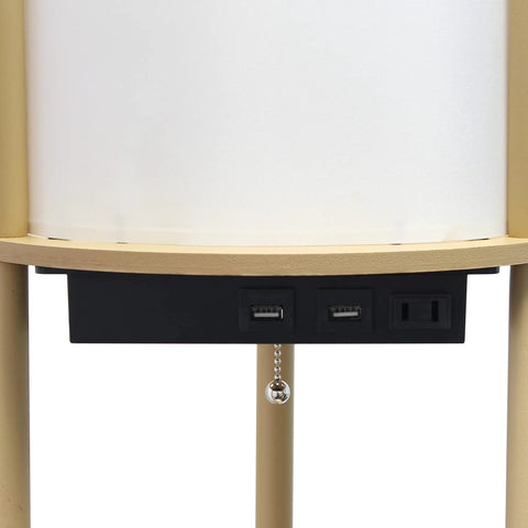 Close-up of USB ports and outlet on 62.5 Inch Round Modern Shelf Etagere Floor Lamp With USB Ports And Outlet Linen Shade