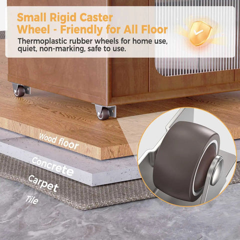 Heavy Duty One Inch Low Profile Side Mount Caster Wheels With Solid Rubber Fixed Rollers For Wooden Furniture Cabinets And Drawers on various floor types.