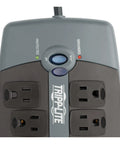 Top view of a Tripp Lite 10 Outlet Surge Protector Power Strip with 8 Foot Cord TEL DSL RJ11 Protection and status lights.
