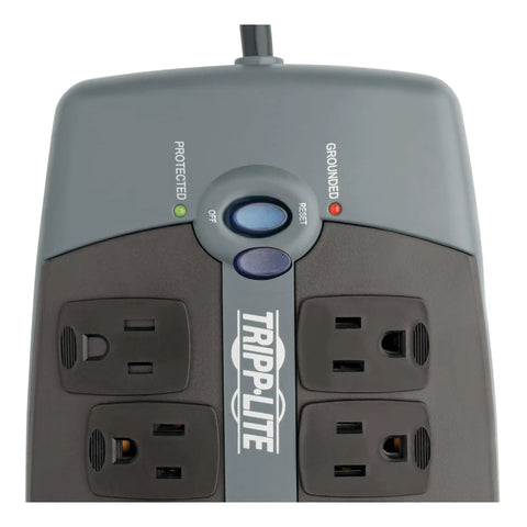 Top view of a Tripp Lite 10 Outlet Surge Protector Power Strip with 8 Foot Cord TEL DSL RJ11 Protection and status lights.