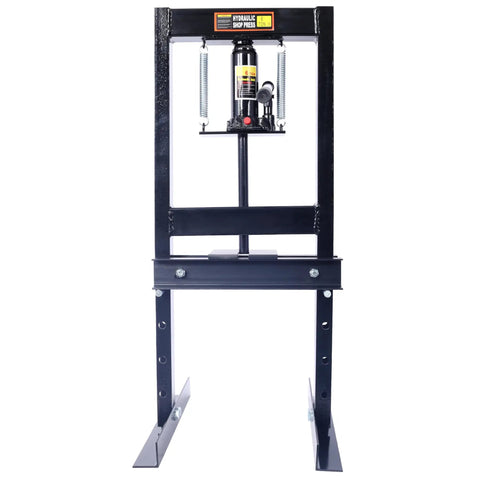 Heavy Duty 6 Ton Hydraulic H Frame Shop Press With Adjustable Height And Pressure Relief Valve For Grease Monkey Bearing Pull Auto Repair And Sheet Metal Work front view.