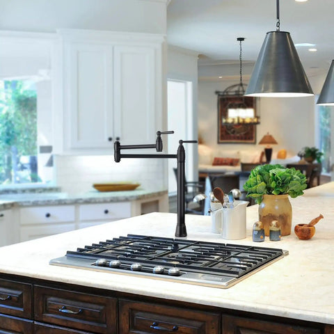 Deck Mounted Pot Filler Faucet In Brushed Gold With Folding Double Joint Swing Arms, Solid Brass Construction, Cold Water Only