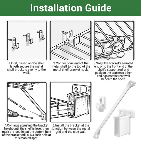 Installation guide for 8 Pack White Steel Wire Shelf Brackets 17 Inch showing step-by-step instructions with illustrations.
