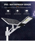 JUDYSSY Courtyard Light Solar Lights Outdoor Garden Led Solar Street Flood Lights with solar panel and mounting bracket under rain.
