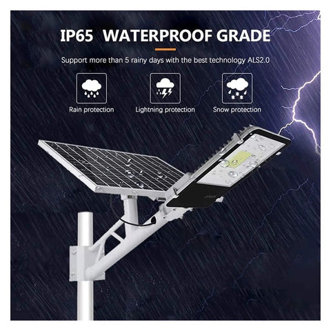 JUDYSSY Courtyard Light Solar Lights Outdoor Garden Led Solar Street Flood Lights with solar panel and mounting bracket under rain.