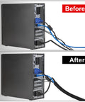 Computer cables before and after using Split Wire Loom Kit 1/4 Inch 1/2 Inch 3/8 Inch 50 Ft Bulk Flexible Electrical Conduit Cable Sleeves