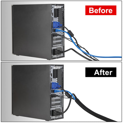Computer cables before and after using Split Wire Loom Kit 1/4 Inch 1/2 Inch 3/8 Inch 50 Ft Bulk Flexible Electrical Conduit Cable Sleeves