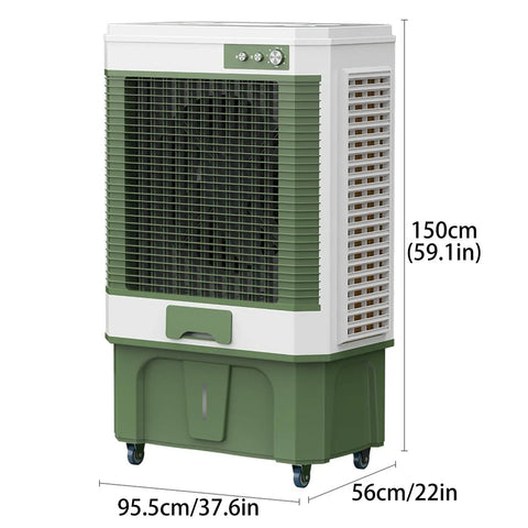 Portable Evaporative Cooler With Large Water Tank And Four Ice Packs, Windowless Air Conditioner For Garage Or Patio, three-speed personal swamp fan dimensions 150cm x 95.5cm x 56cm.